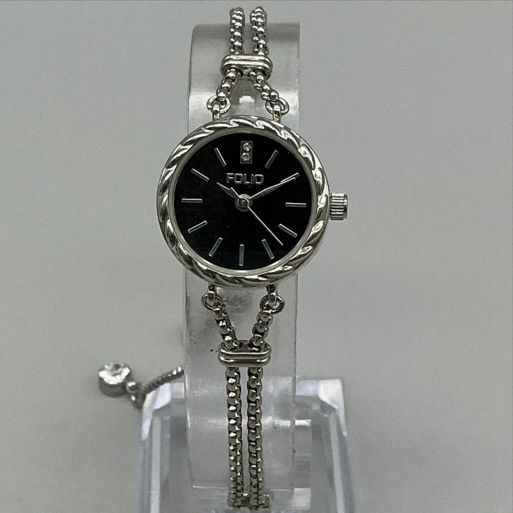 Folio Womens Watch 21mm Black Dial Silver Tone Slide Adjustable Bracelet Crystal